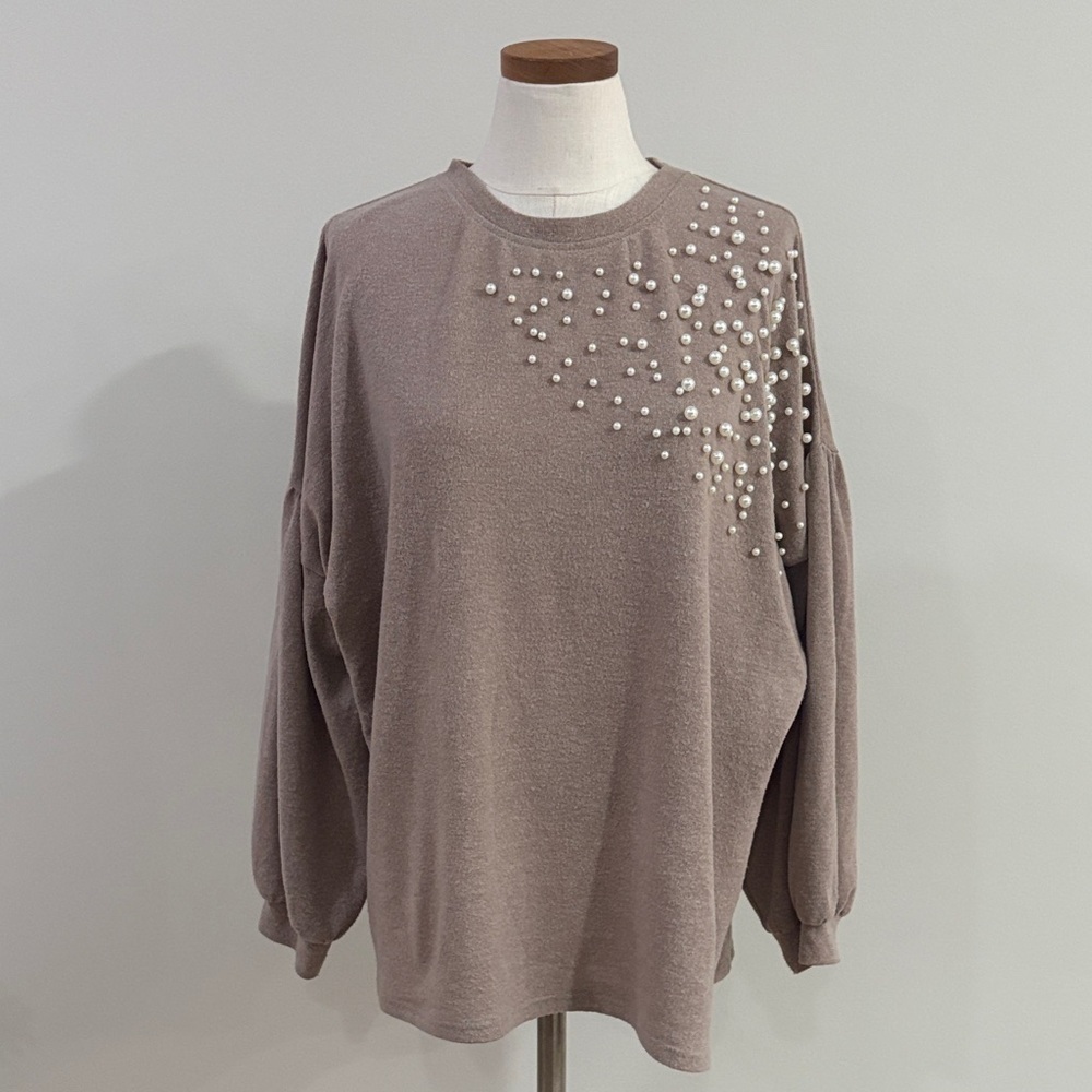 Easel OVERSIZED Taupe cozy soft sweater with Pearl Accents drop balloon sleeves